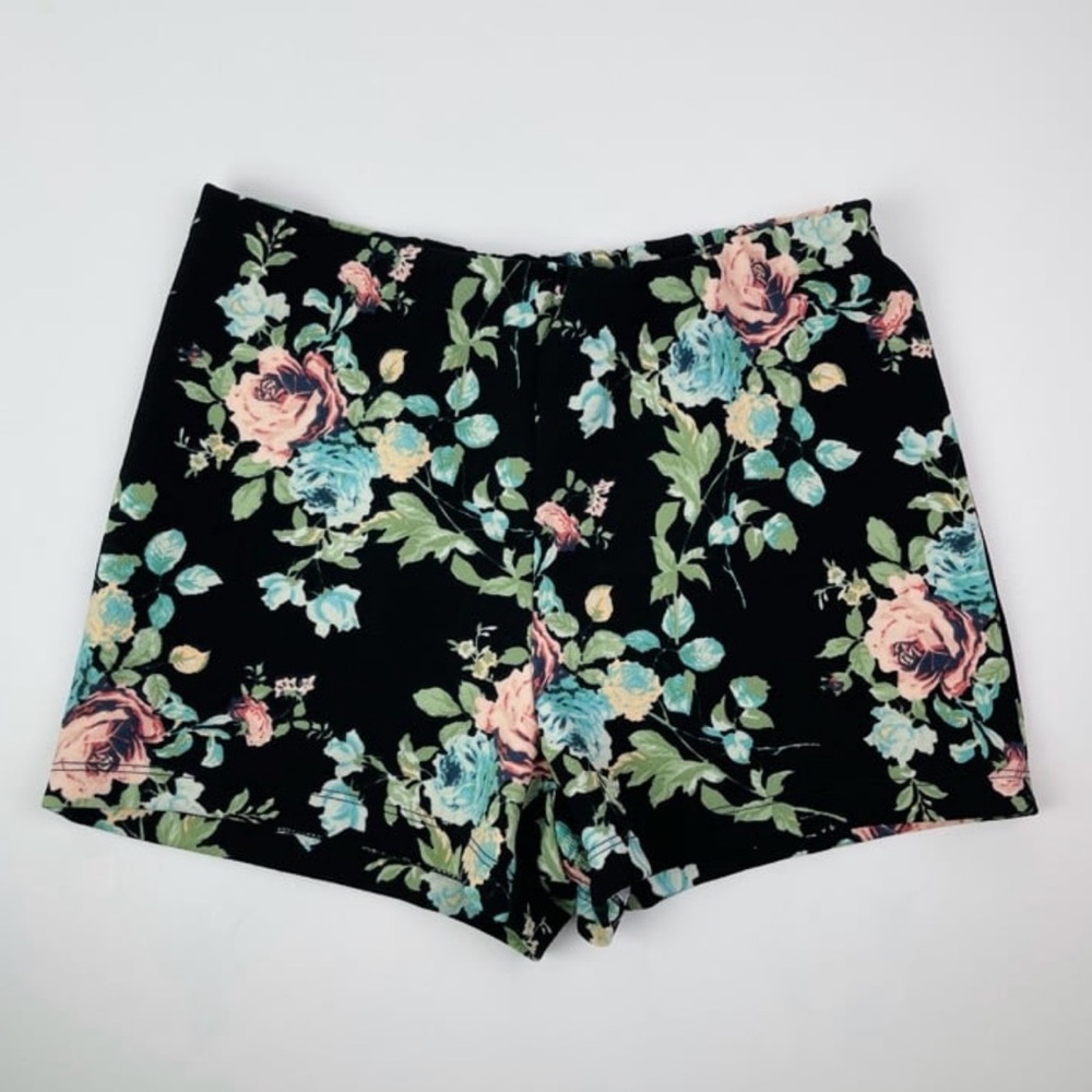 Black Multicolor Floral Print High Waisted Shorts